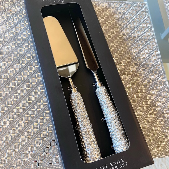 Tahari Dining Tahari Home Cake Knife Server Set Silver Rhinestone Luxe Glam Wedding Holiday